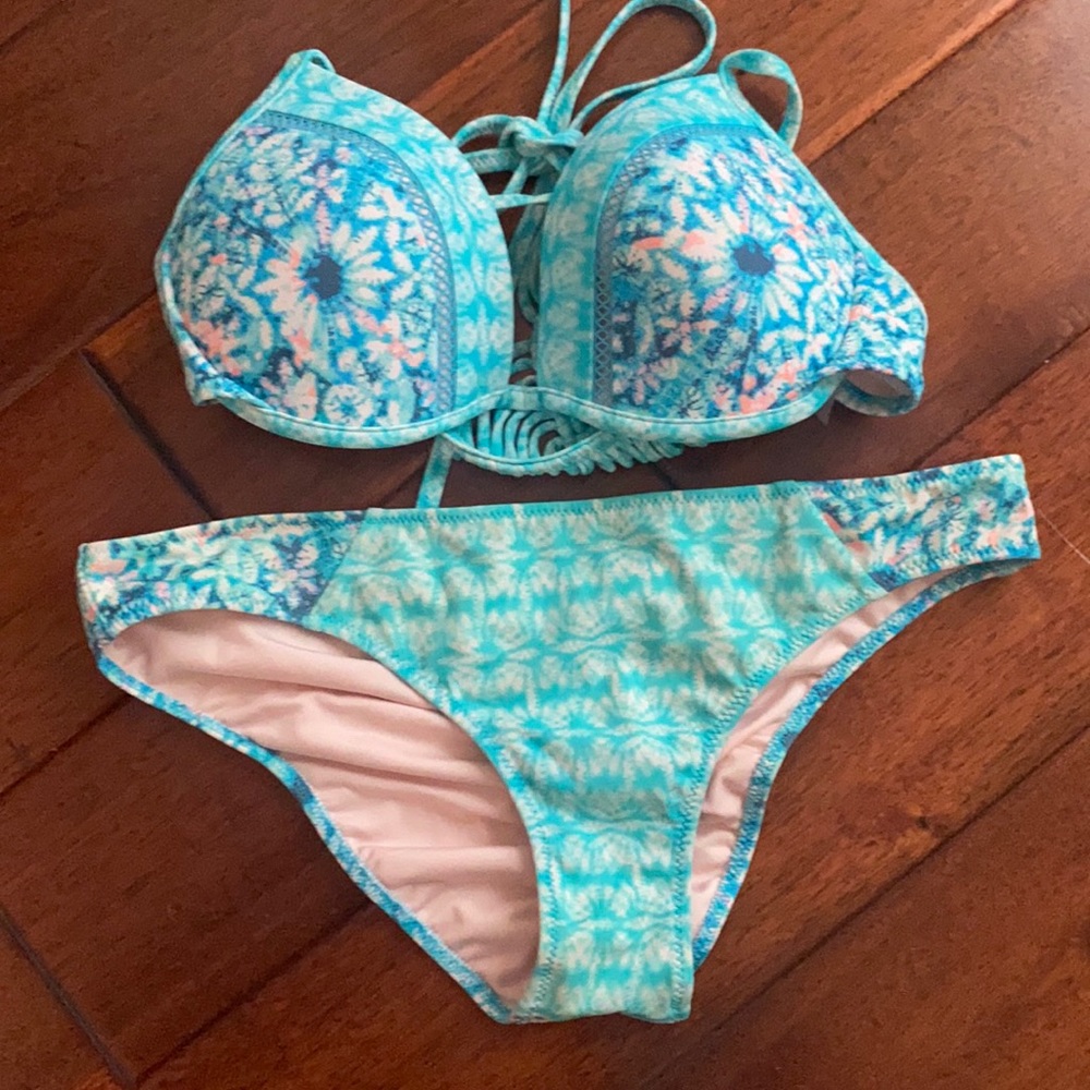 Pale blue bikini top and cheeky bottoms